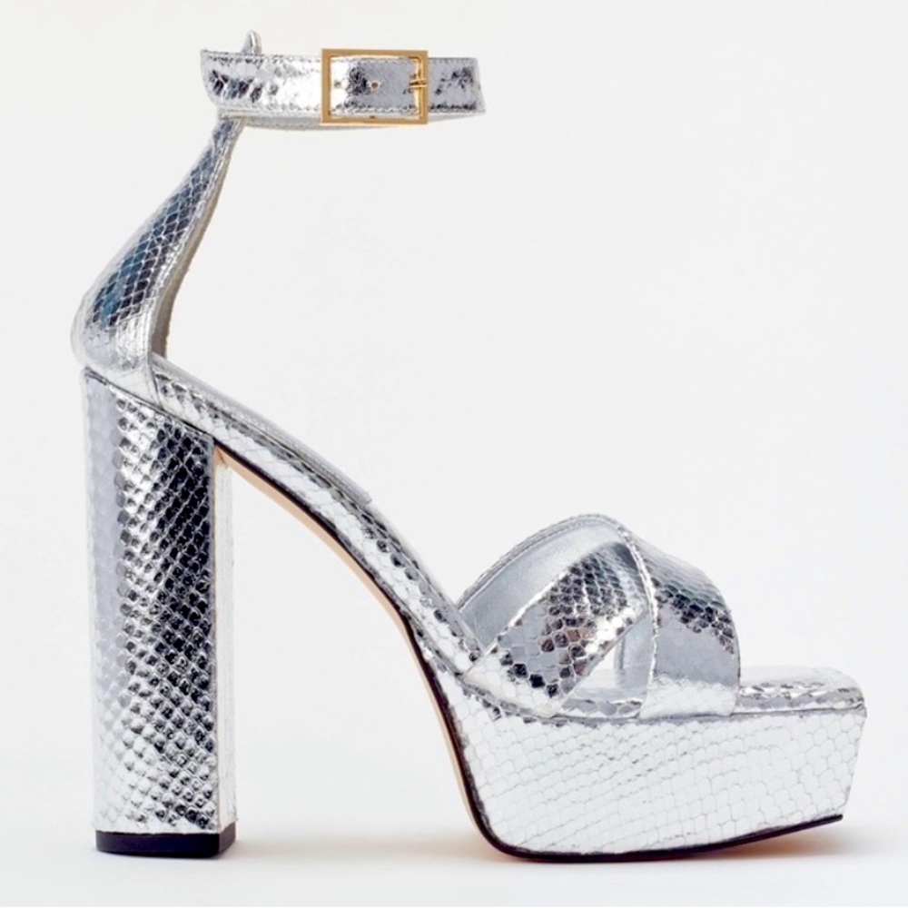 Good American Platform Block Heel Sandals In Silver Snake Size 8 NIB